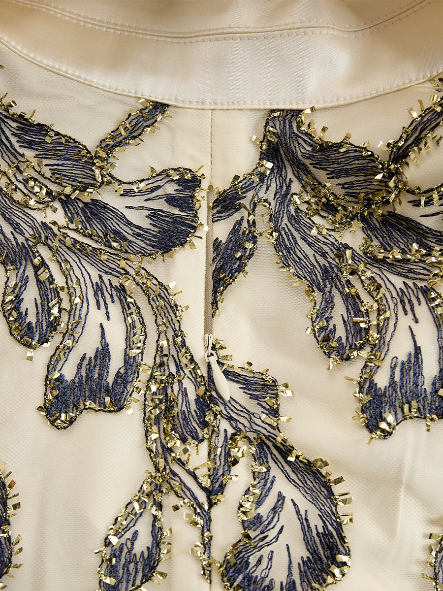 Casa Laro Embroidered Mesh Midi Dress With Metallic Leaf Motif HWT