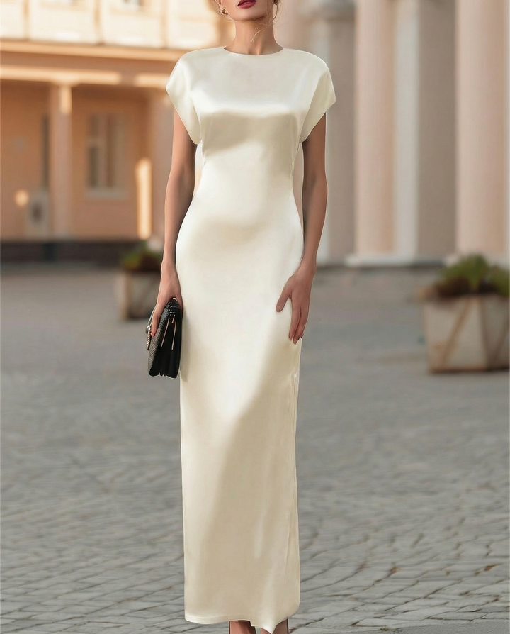 Elegant Black Satin Waist-Tie Column Midi Dress