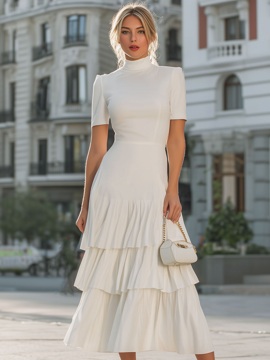 Timeless Ivory Turtleneck Tiered Midi Dress SN