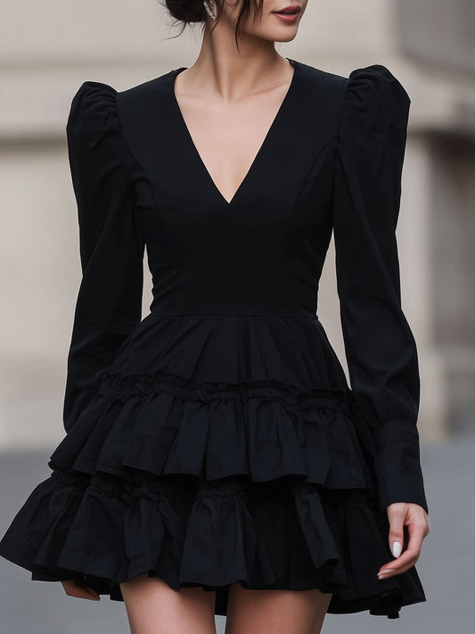 Casa Laro Dramatic Black Puff-Sleeve Tiered Mini Dress SN
