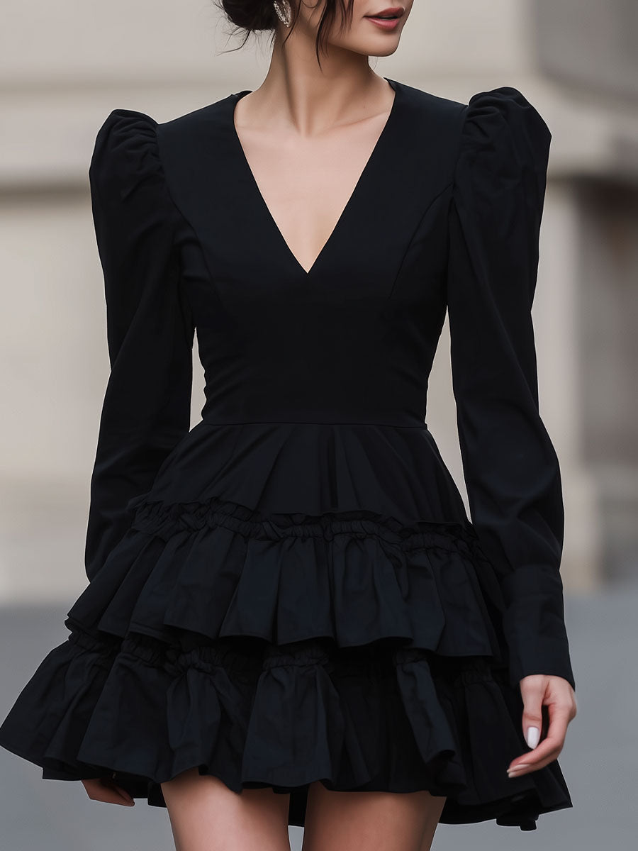 Casa Laro Dramatic Black Puff-Sleeve Tiered Mini Dress SN