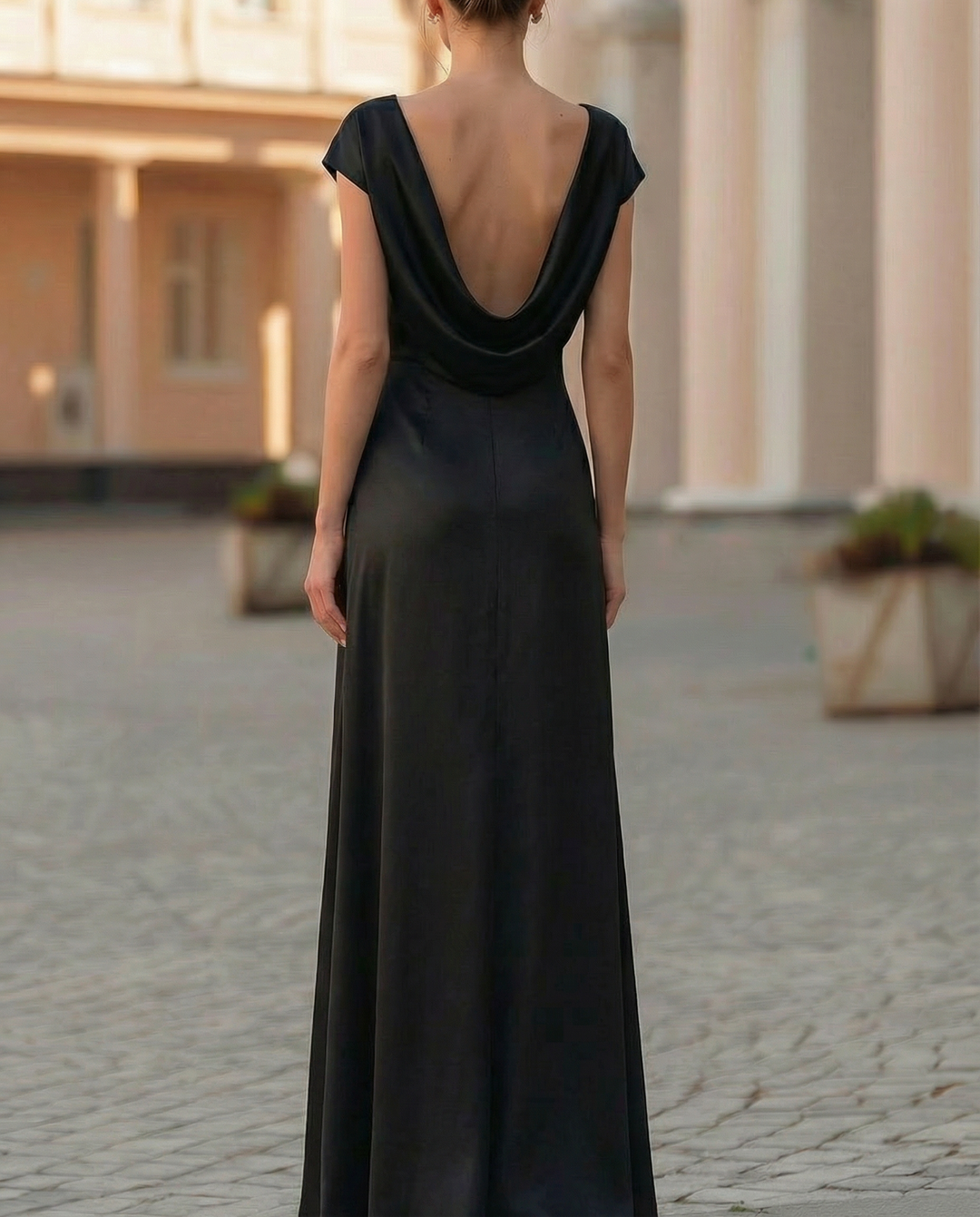 Elegant Black Satin Waist-Tie Column Midi Dress
