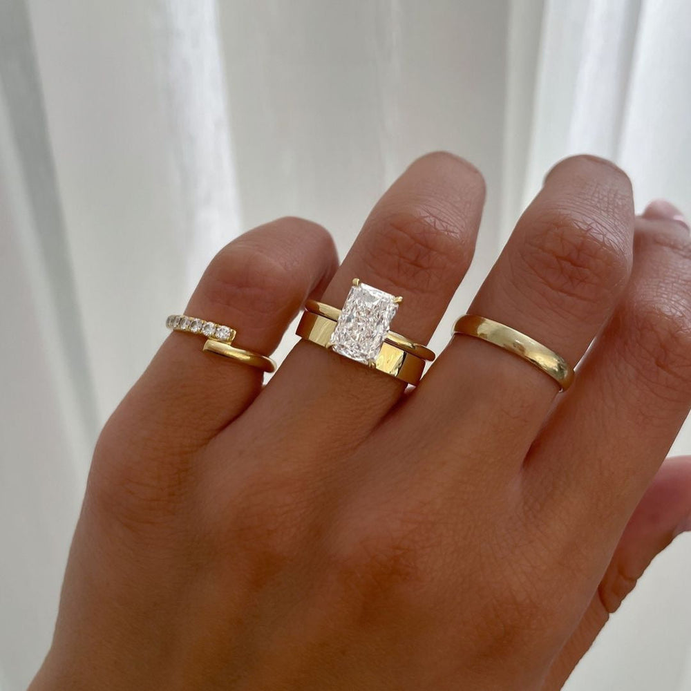 2PCS Golden Tone Hidden Halo Radiant Cut Plain Matching Band Bridal Set shineofdiamond