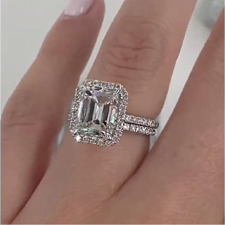 Halo Emerald Cut Sterling Silver Bridal Set with Side Stone Band shineofdiamond