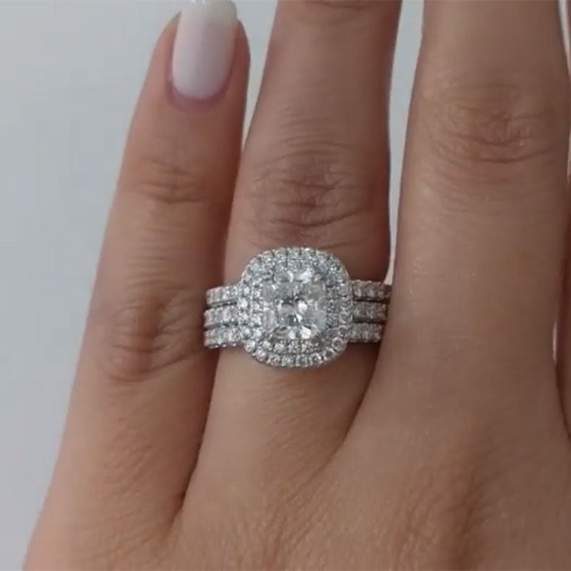 3-Piece Halo Cushion Cut Sterling Silver Bridal Set with Half-Eternity Bands Shineofdiamond