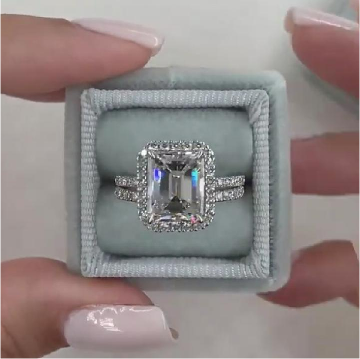 Halo Emerald Cut Sterling Silver Bridal Set with Side Stone Band shineofdiamond