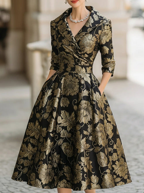 CAAYWORLD Black & Gold Jacquard Floral Midi Dress HWT