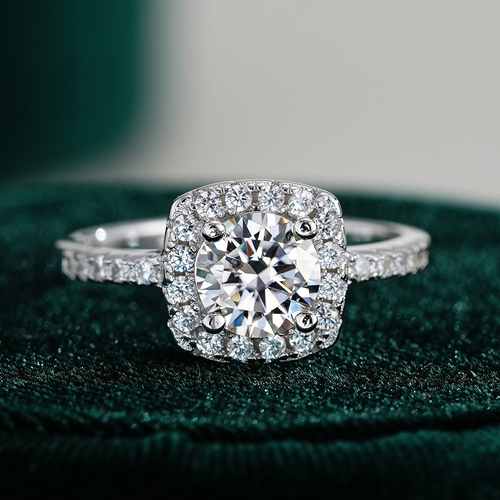 Moissanite Halo Round Cut Sterling Silver Engagement Ring Shineofidamond