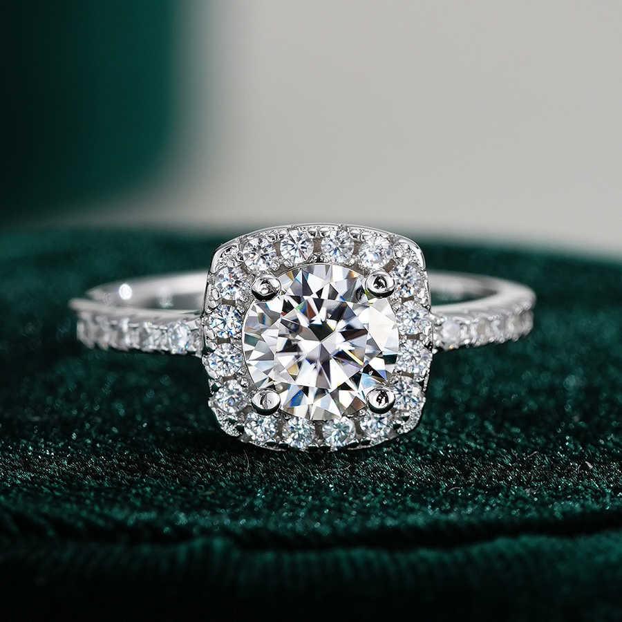 Moissanite Halo Round Cut Sterling Silver Engagement Ring Shineofidamond