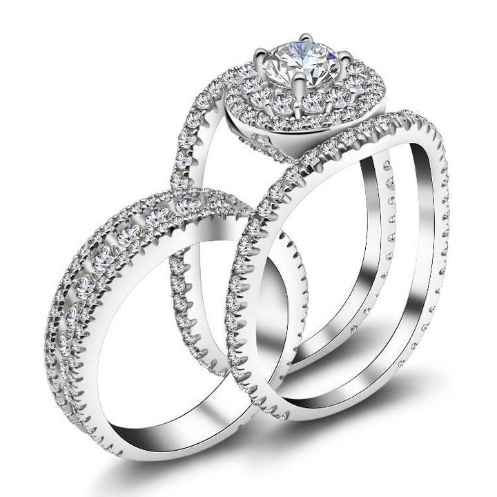 Round Cut  Halo Engagement Ring in Sterling Silver with Guard Enhancer shineofdiamond