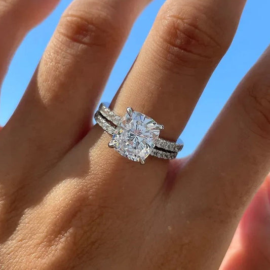 Sale | 2Pcs Solitaire  Cushion Cut Bridal Set Rings In Sterling Silver Shineofdiamond