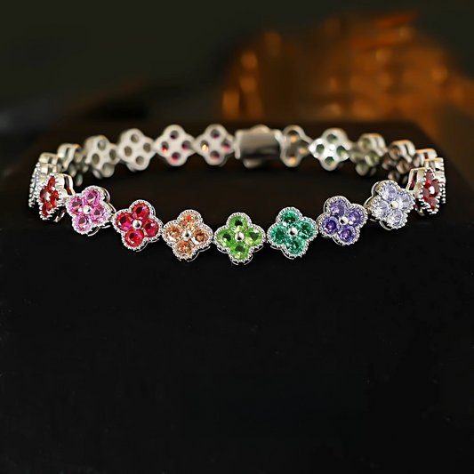 Clovers Design Multicolor Gemstone Bracelet in Sterling Silver Shine of Diamond