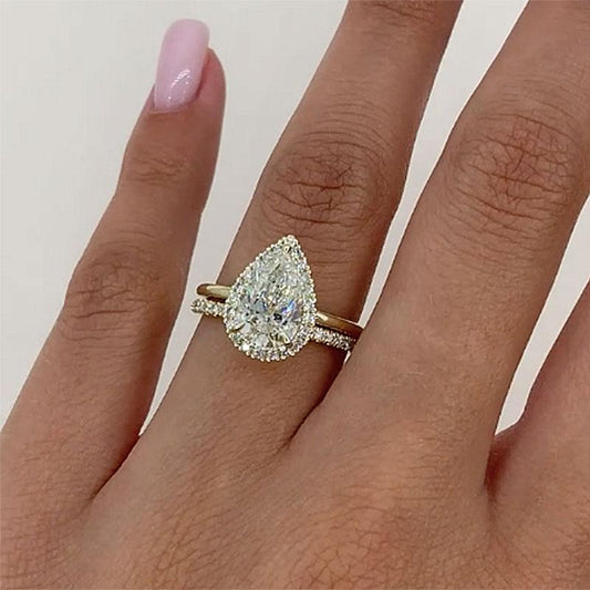 Gorgeous Golden Tone Halo Pear Cut Sterling Silver Bridal Set Shineofdiamond