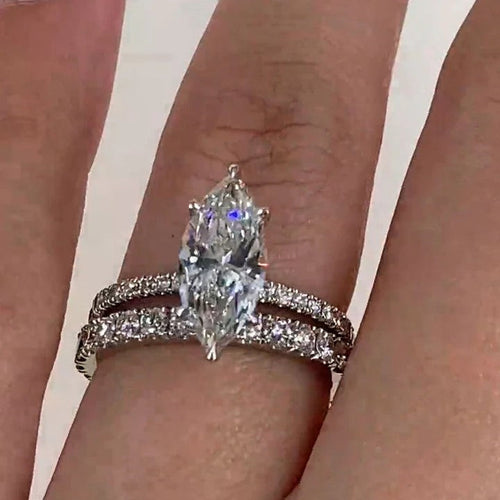 2pcs Marquise Cut Bridal Ring Set in Sterling Silver Shineofdiamond
