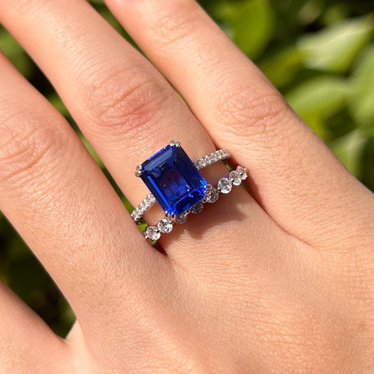 Vintage Blue Emerald Cut Sterling Silver Bridal Set Carly Jewelry