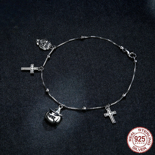 Halloween ‌‌Skeleton Cross Pumpkin Sterling Silver Bracelet shine of diamond