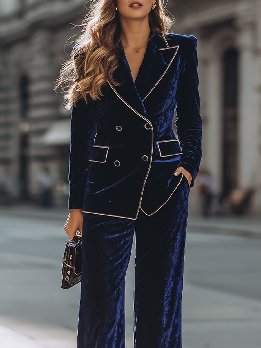 Double-Breasted Velvet Suit With Contrast Piping And Wide-Leg Pants XYS