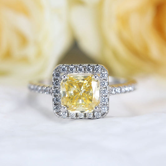 Vintage Cushion Cut Halo Design Yellow Sterling Silver Ring Shine of Diamond