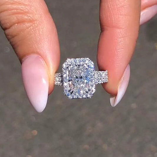 Halo Radiant Cut Split Shank Engagement Ring In Sterling Silver shineofdiamond