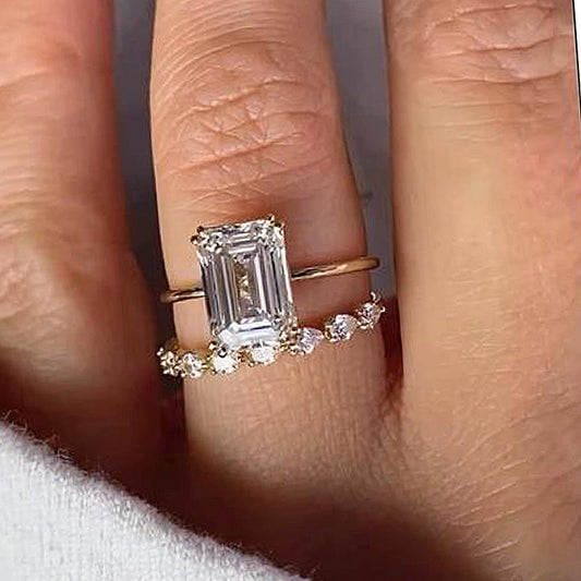 Luxurious Golden Tone Emerald Cut Sterling Silver Wedding Bridal Set Shineofdiamond