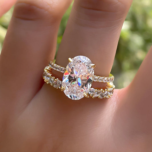 Golden Tone Oval Cut Sterling Silver Bridal Set with Exquisite Marquise & Round Cut Band Shineofdiamond