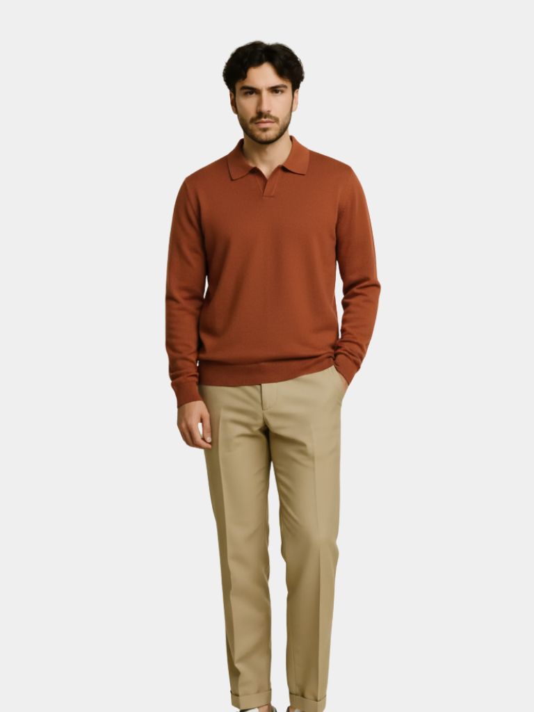 100% Wool Knit V Neck Turndown Polo Pullover - Casa  Laro CASA LARO