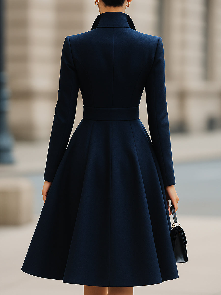 Elegant Navy Blue Tailored Fit Flared Coat Dress SN