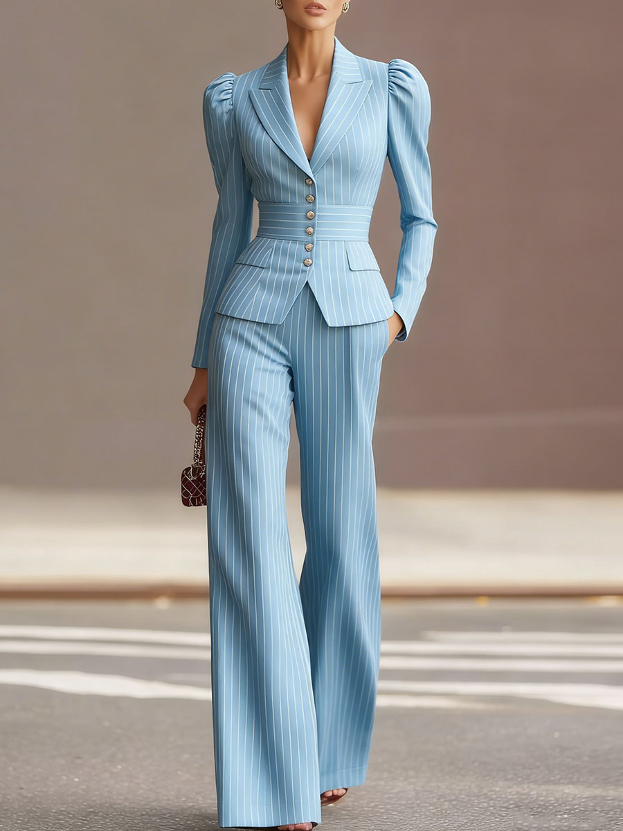 Casa Laro Presents The Chic Sky Blue Pinstripe Tailored Suit Set SN