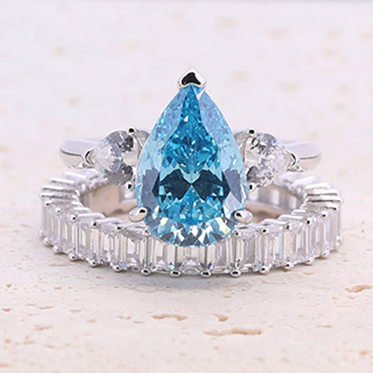 4.0ct Pear Cut Blue Gemstone Engagement ring with Eternity Band shine of diamond