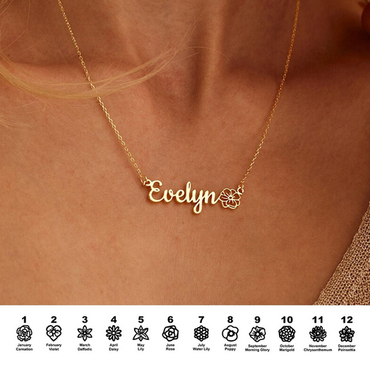 Personalize Name Necklace with Birth Flower in Stainless Steel Shine of Diamond