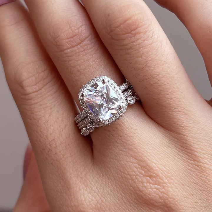 3Pcs Handmade Halo Cushion Cut Bridal Set In Sterling Silver Shineofdiamond