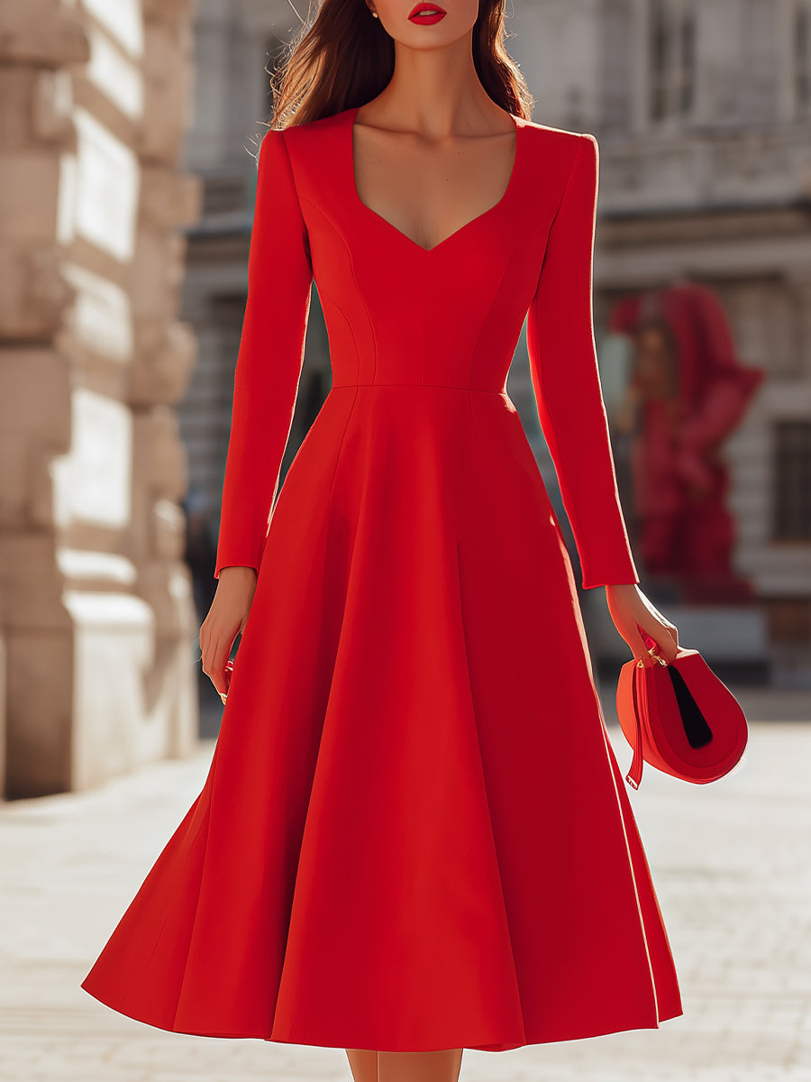 Elegant Red V - Neck Midi Fit - And - Flare Dress SN