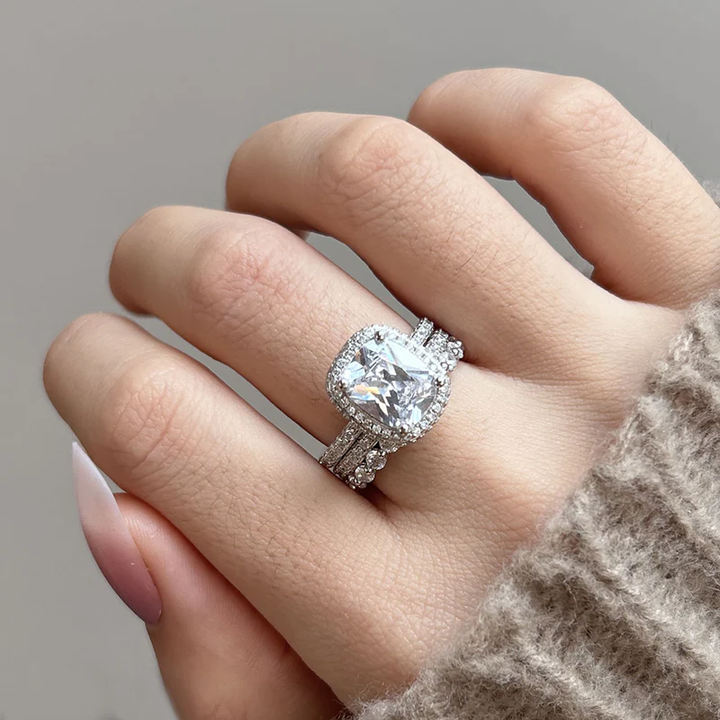3Pcs Handmade Halo Cushion Cut Bridal Set In Sterling Silver Shineofdiamond