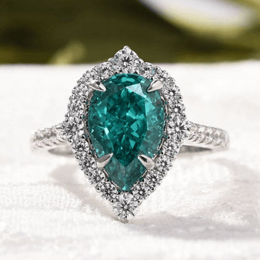 Paraiba Tourmaline Halo Pear Cut  Sterling Silver Engagement Ring Shineofdiamond
