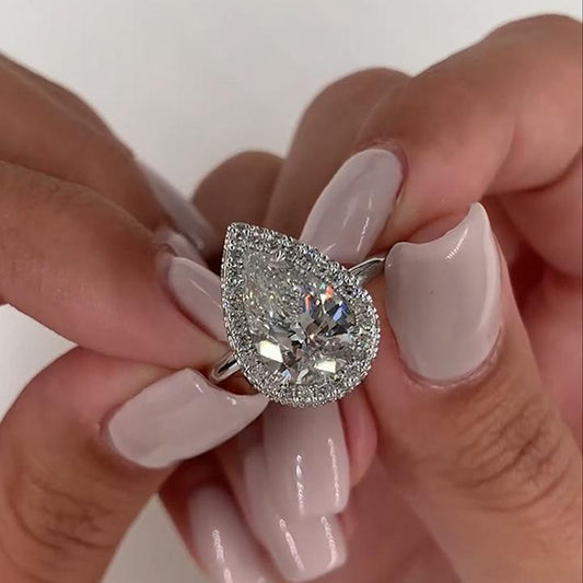 Classic Halo Pear Cut Engagement Ring in Sterling Silver Shineofidamond