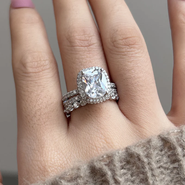 3Pcs Handmade Halo Cushion Cut Bridal Set In Sterling Silver Shineofdiamond