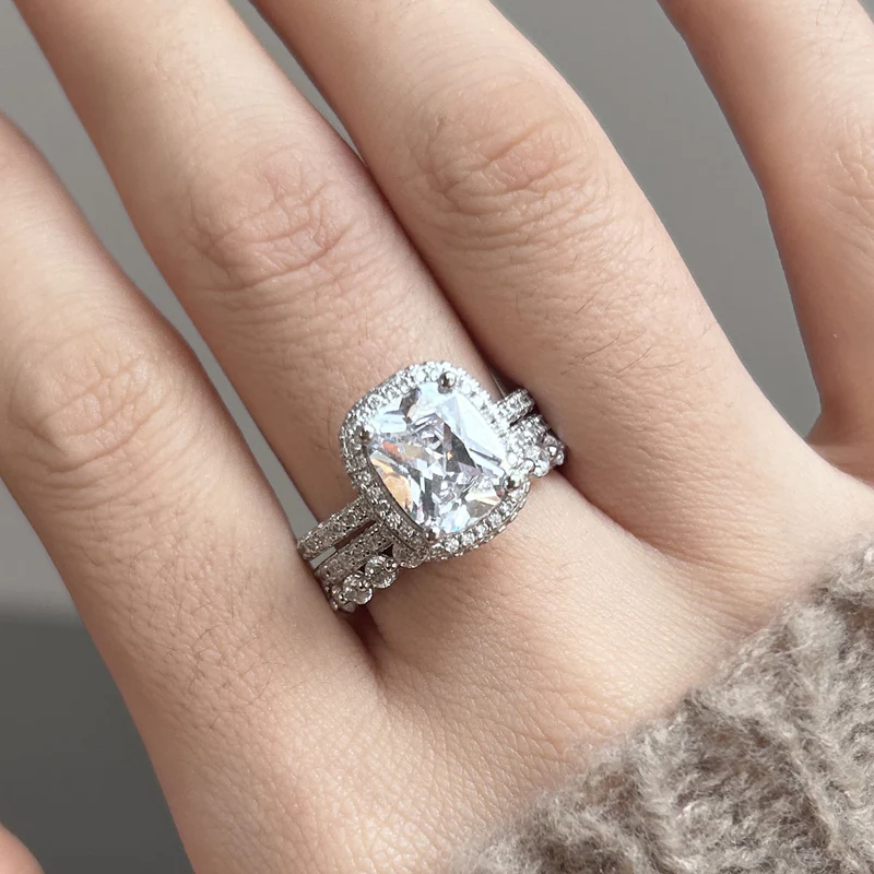 3Pcs Handmade Halo Cushion Cut Bridal Set In Sterling Silver Shineofdiamond