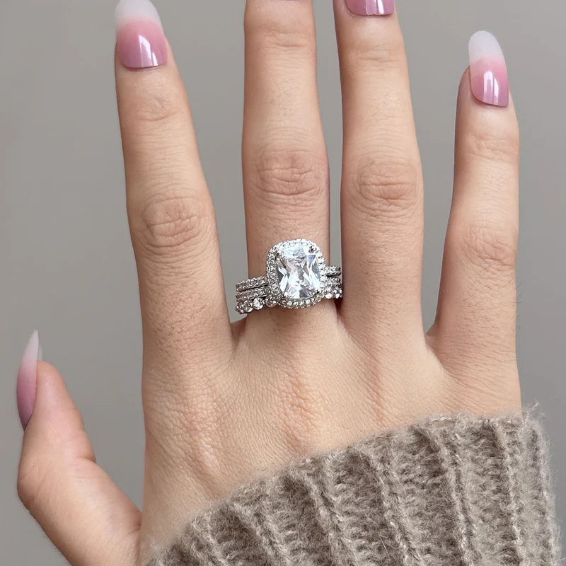 3Pcs Handmade Halo Cushion Cut Bridal Set In Sterling Silver Shineofdiamond