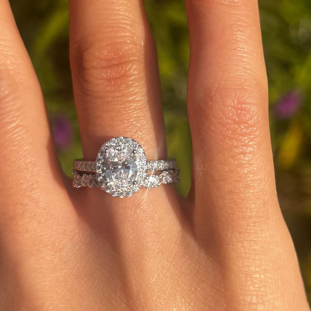 Elegant 2 Pcs Oval Cut Halo Sterling Silver Bridal Set Shine of Diamond