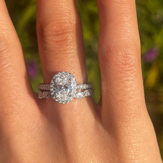 Elegant 2 Pcs Oval Cut Halo Sterling Silver Bridal Set Shine of Diamond
