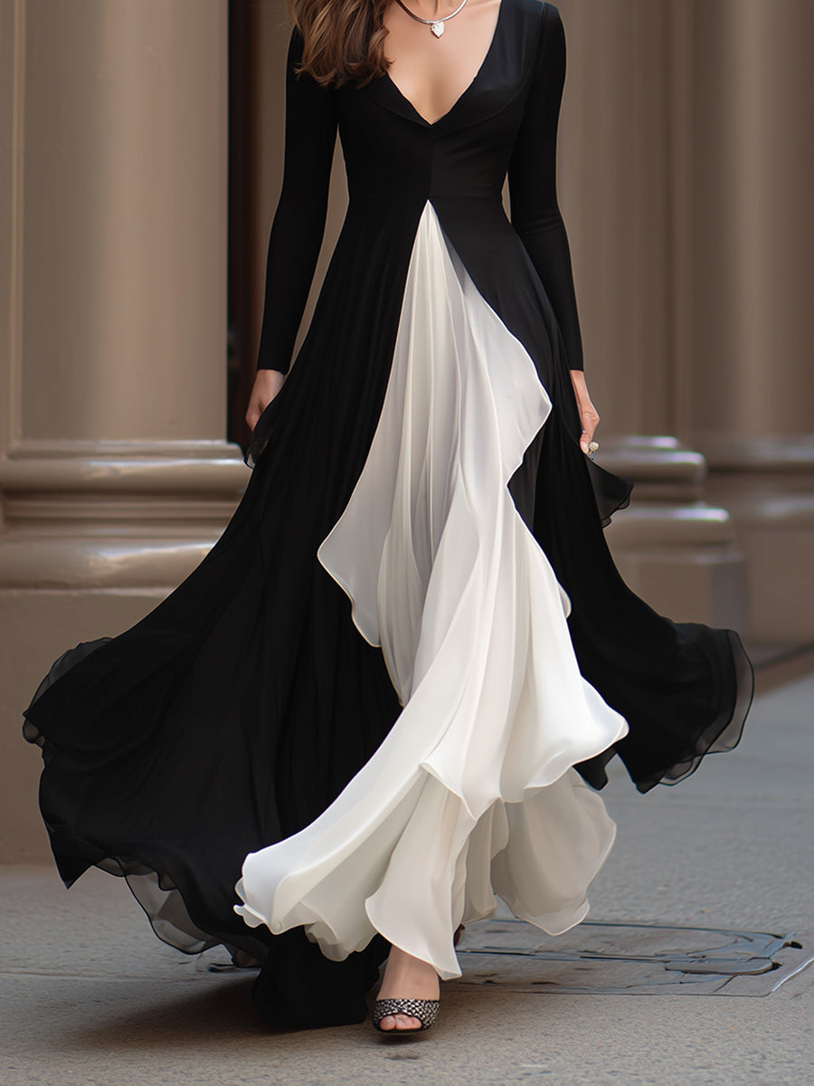 Monochrome Flowing Evening Gown With Contrast Panels XYS