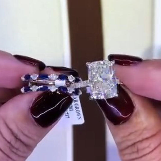 Vintage 2 PCS Blue Cushion Cut Sterling Silver Bridal Set Shine of Diamond