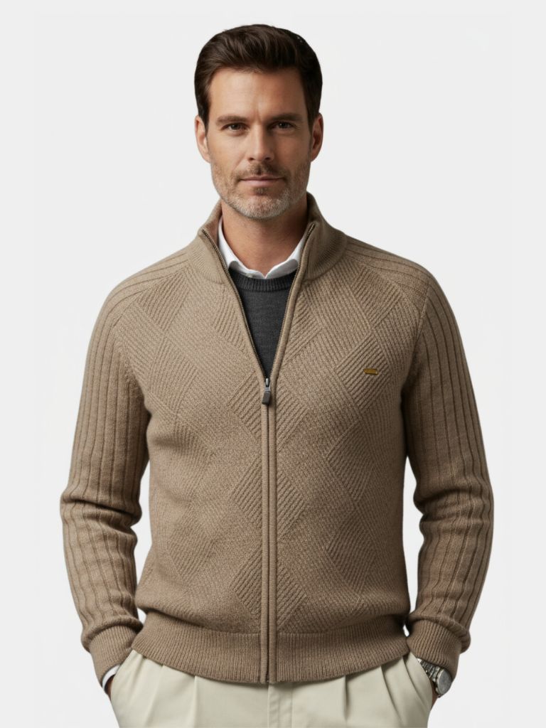 Knit Zipper Jacquard Solid Color Cardigan Sweater - Casa  Laro CASA LARO