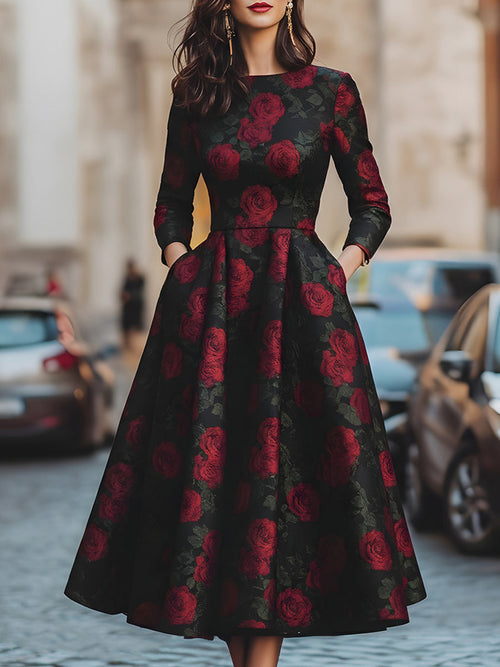 Elegant Jacquard Rose Print Midi Dress HWT