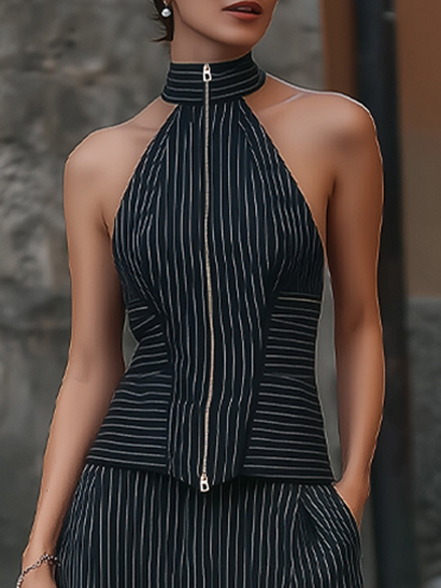 Pinstripe Halter-Neck Zip-Up Top & Wide-Leg Pants Set HWT