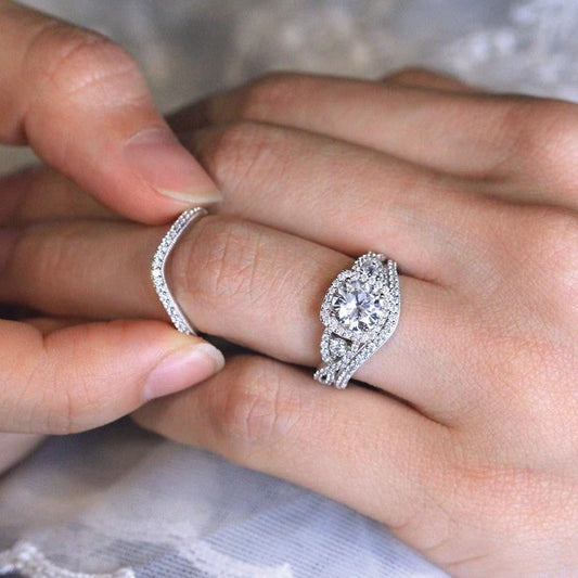 Exquisite Twisted Round Cut Halo Sterling Silver Bridal Sets Shineofdiamond