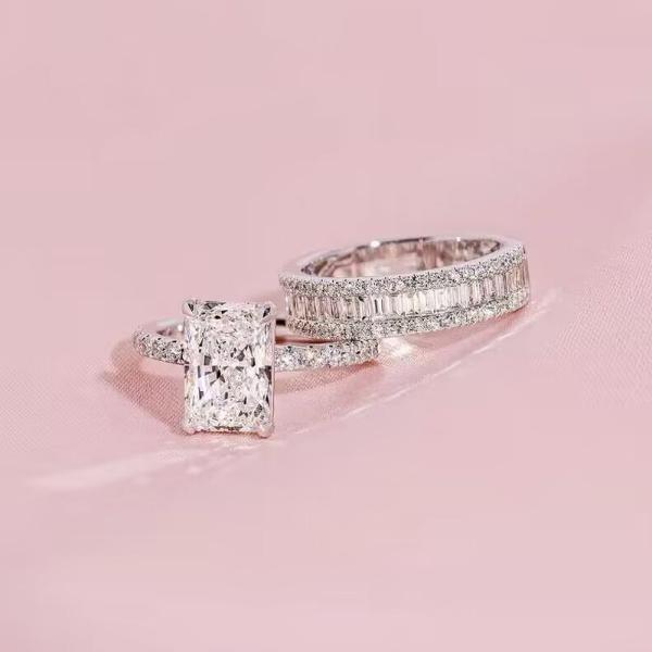 2PCS Radiant Cut Ring With Baguette Band Bridal Set in Sterling Silver Shineofdiamond