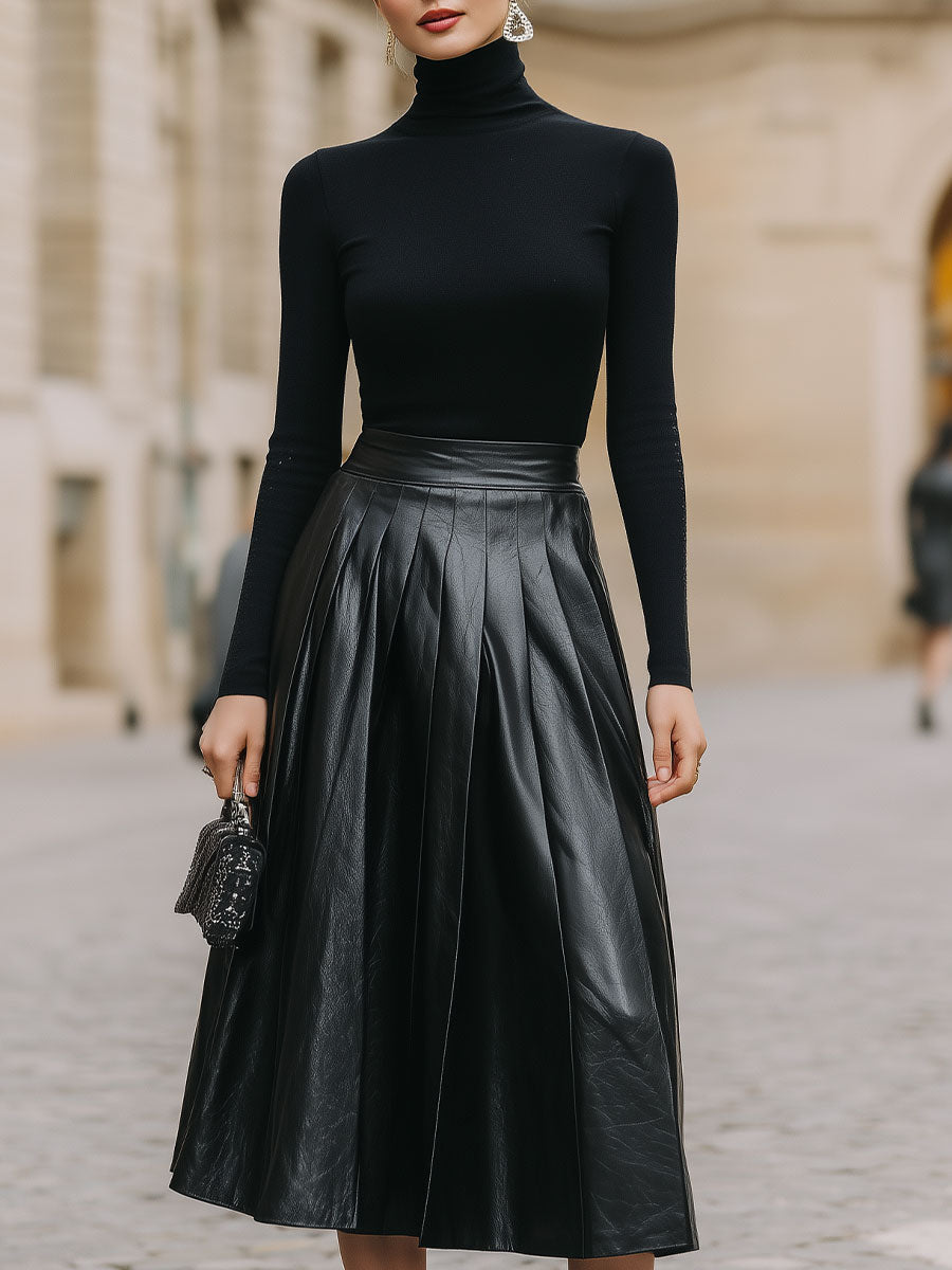Casa Laro Sleek Black Turtleneck & Leather Pleated Skirt Set SN