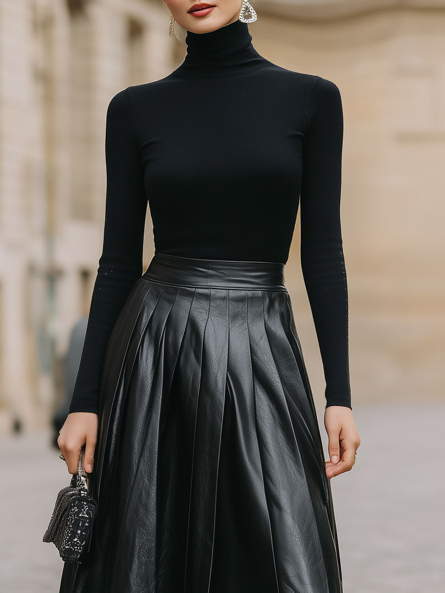 Casa Laro Sleek Black Turtleneck & Leather Pleated Skirt Set SN