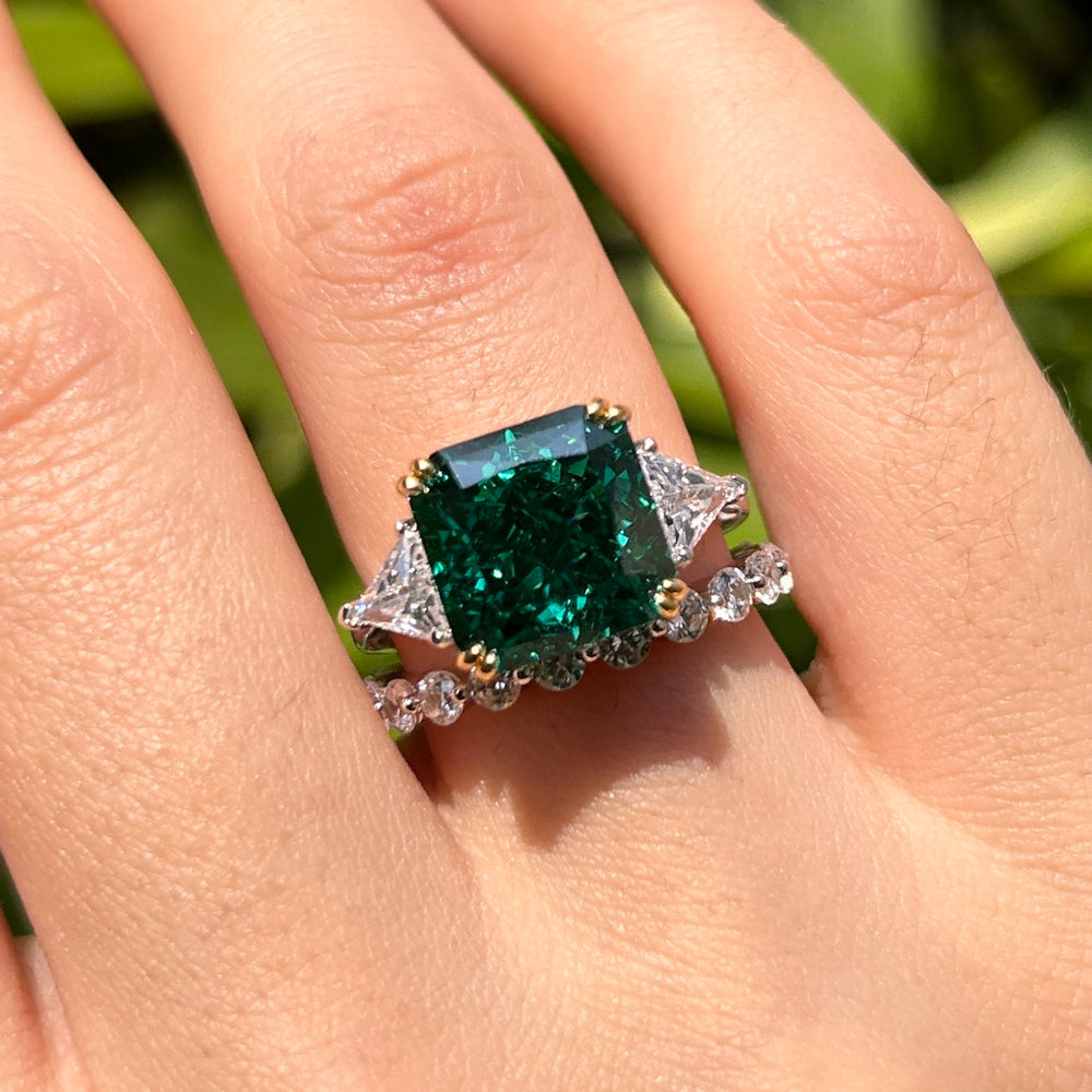 Vintage Emerald Green Radiant Cut Sterling Silver Bridal Set Carly Jewelry